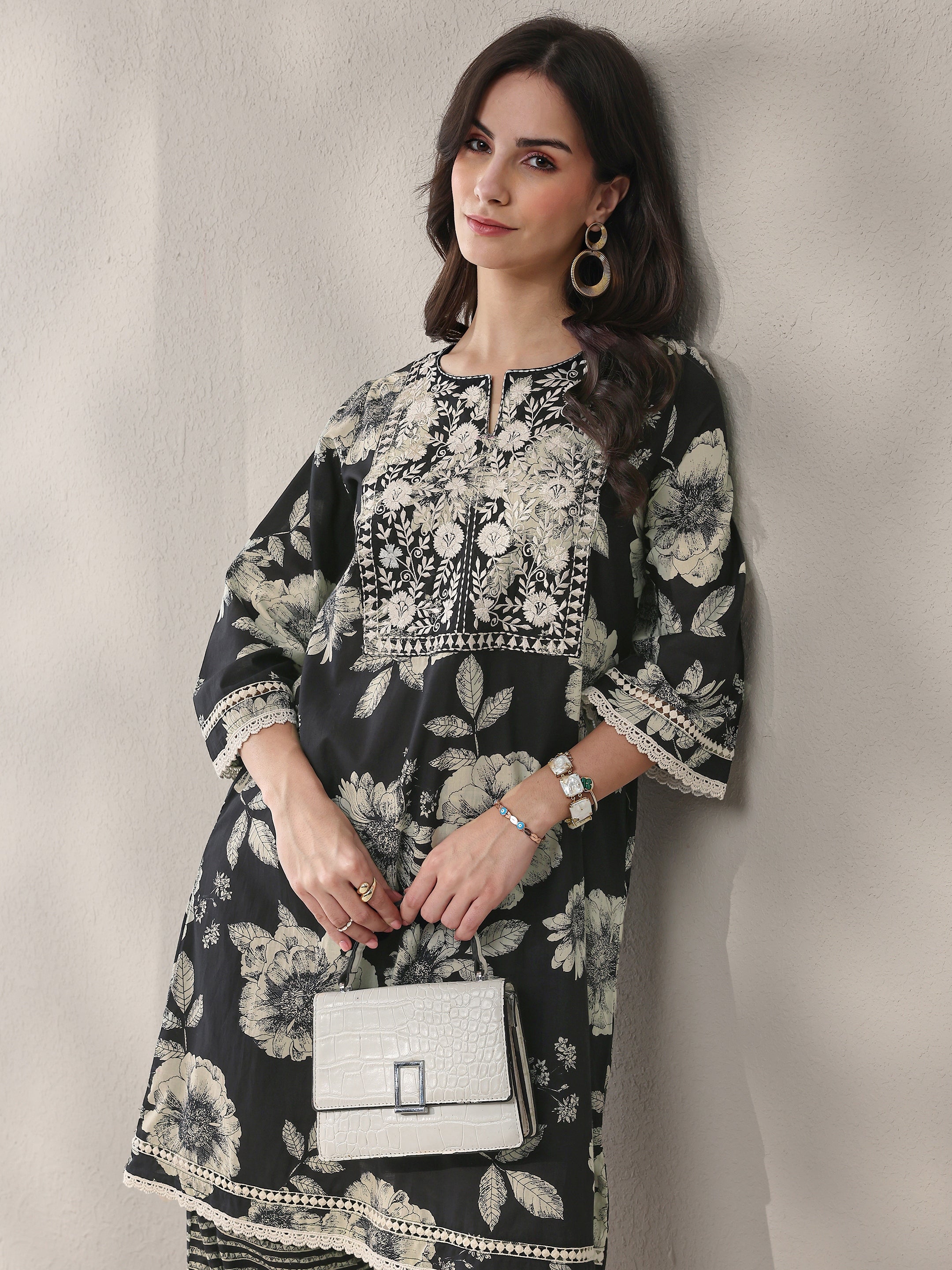 Black Floral Printed Cotton Straight Kurta Set-image-5