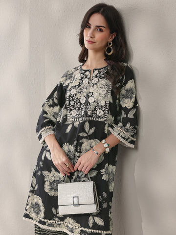 Libas Black Floral Printed Cotton Straight Kurta Set