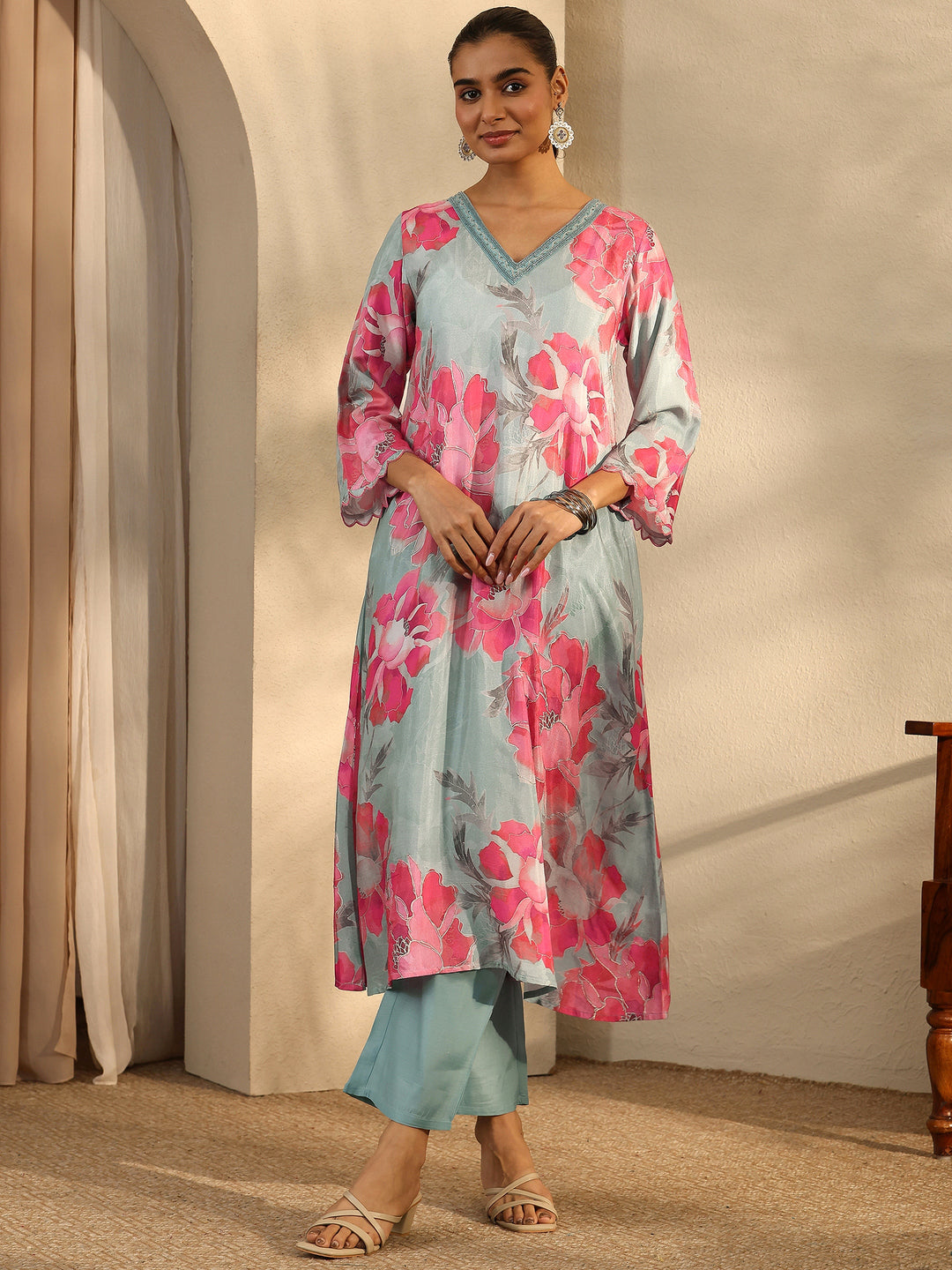  Grey Printed Muslin A-Line Kurta Set 