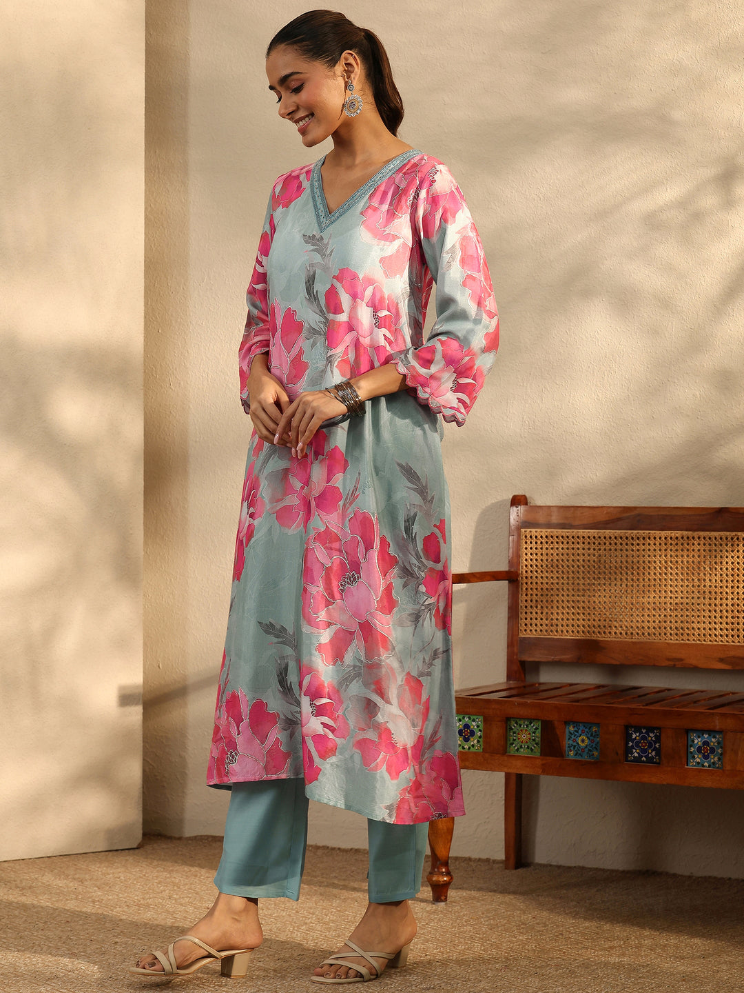  Grey Printed Muslin A-Line Kurta Set 
