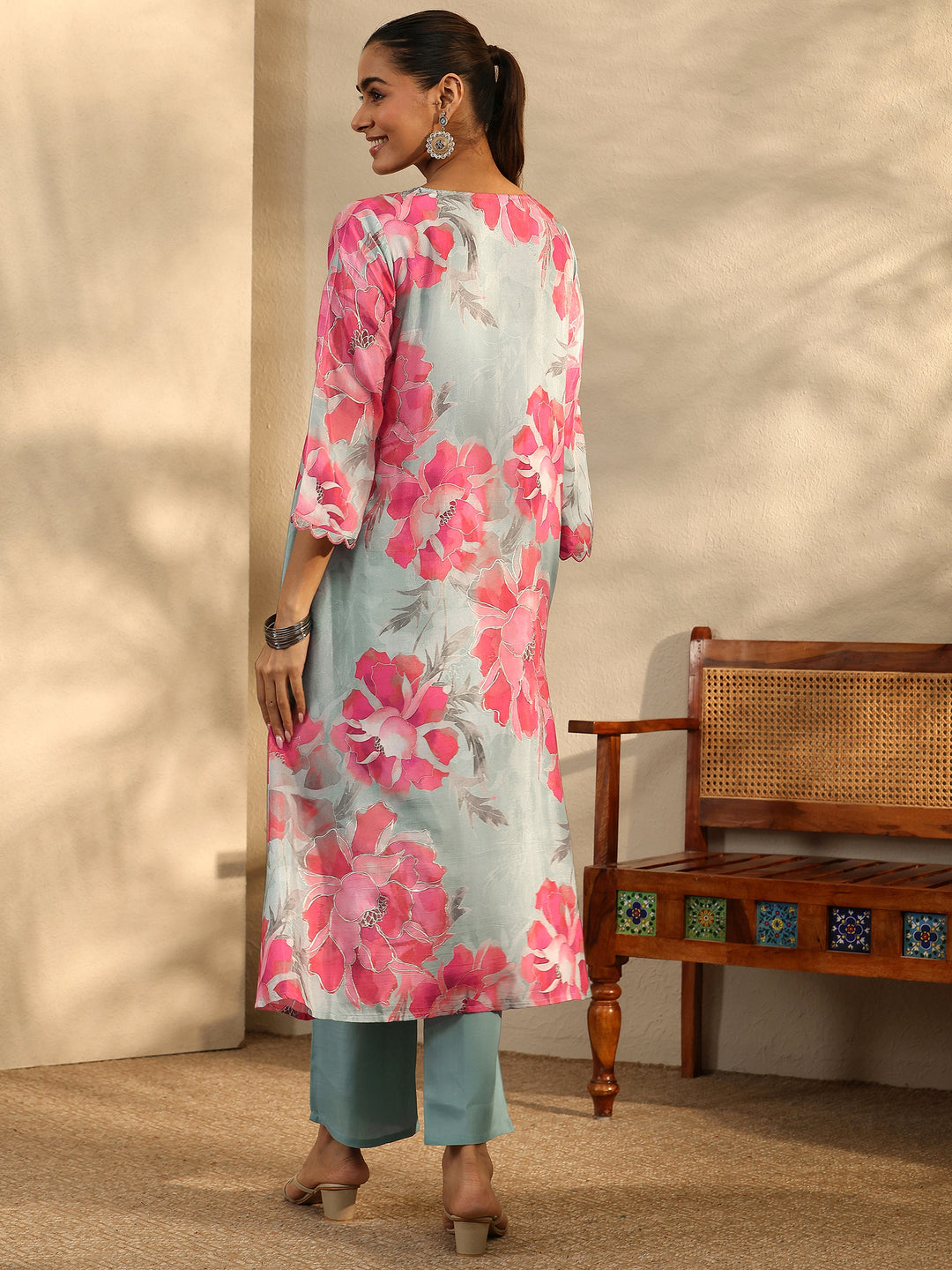  Grey Printed Muslin A-Line Kurta Set 