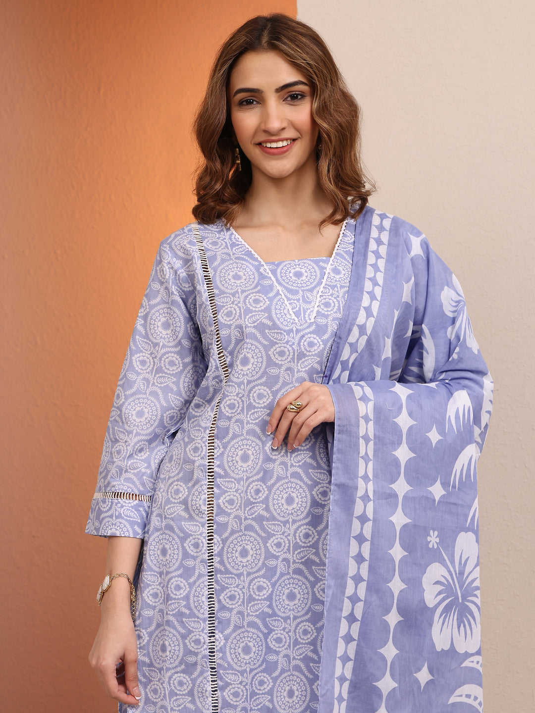  Lavender Printed Cotton Straight Suit Set With Dupatta 