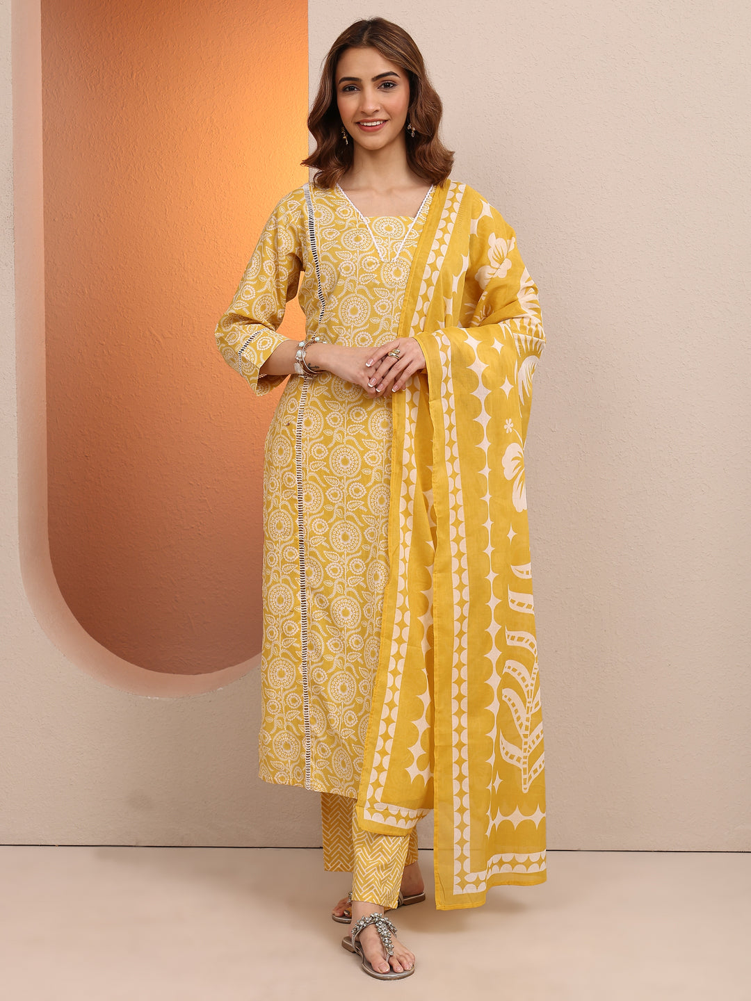  Yellow Printed Cotton Straight Suit Set With Dupatta 