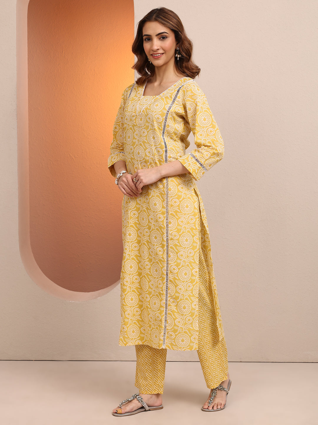  Yellow Printed Cotton Straight Suit Set With Dupatta 