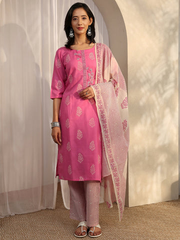 Libas Pink Printed Cotton Straight Suit Set With Dupatta