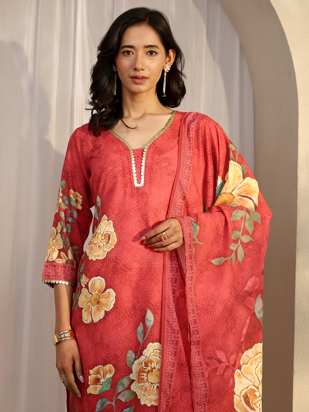  Red Printed Cotton Blend Straight Suit Set With Dupatta 
