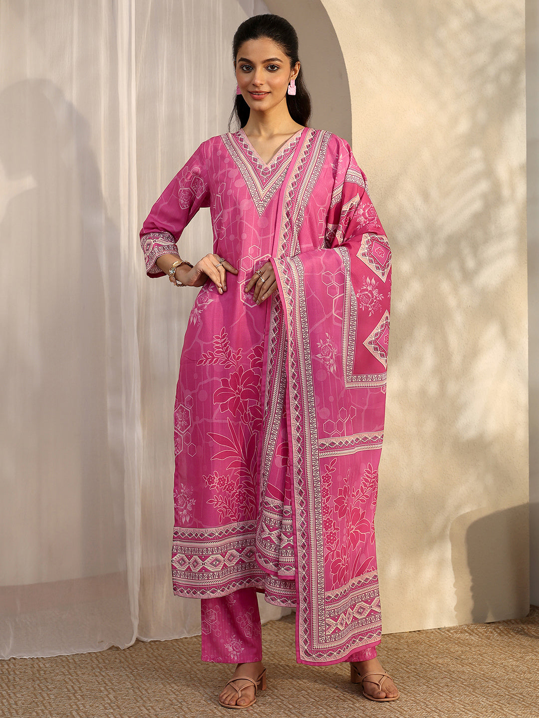 libas Pink Printed Cotton Blend Straight Suit Set With Dupatta-picture-64