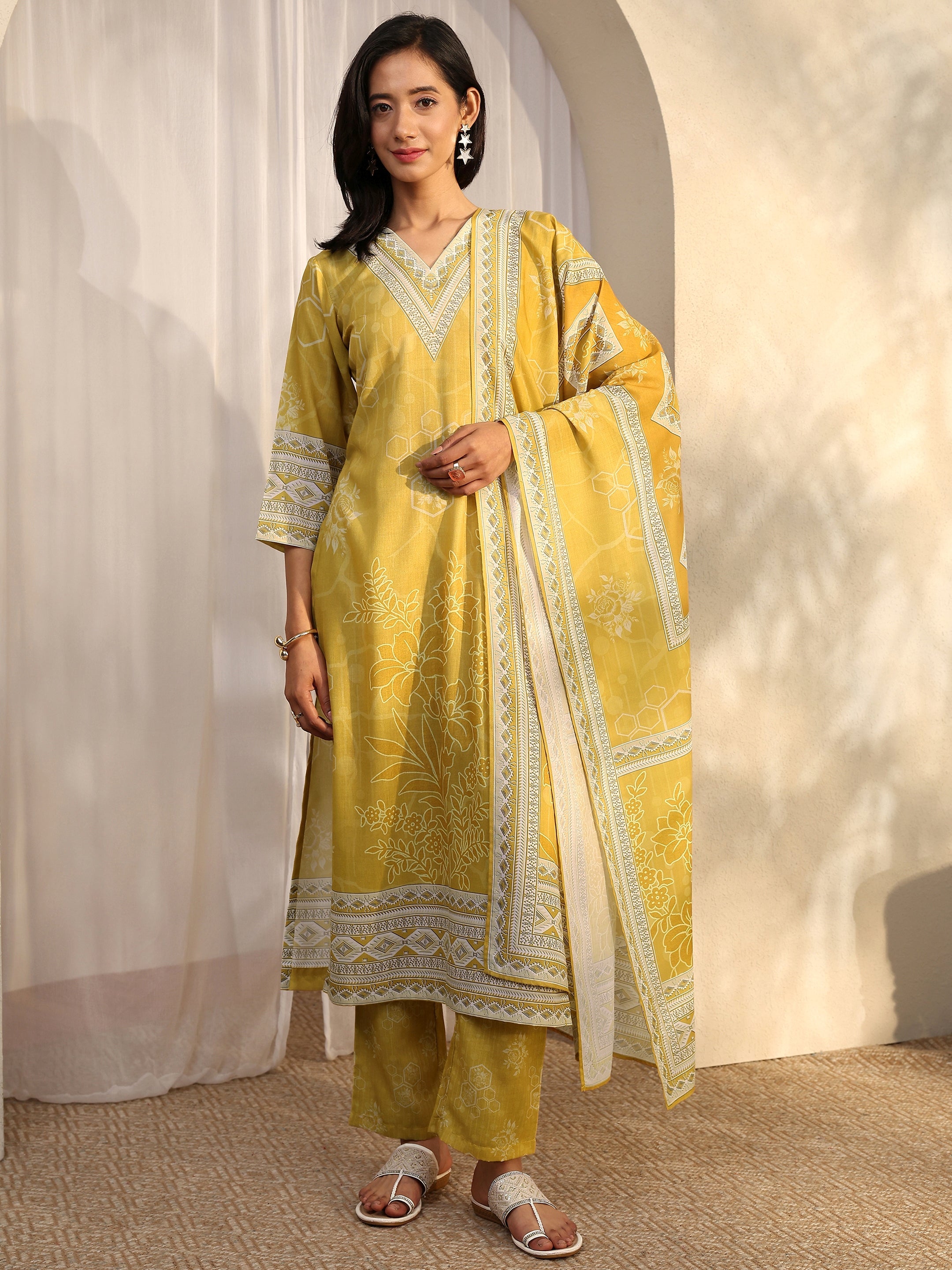 libas Mustard Printed Cotton Blend Straight Suit Set With Dupatta-picture-39