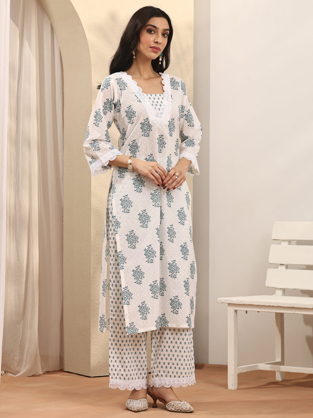  Off White Printed Cotton Straight Suit Set With Dupatta 