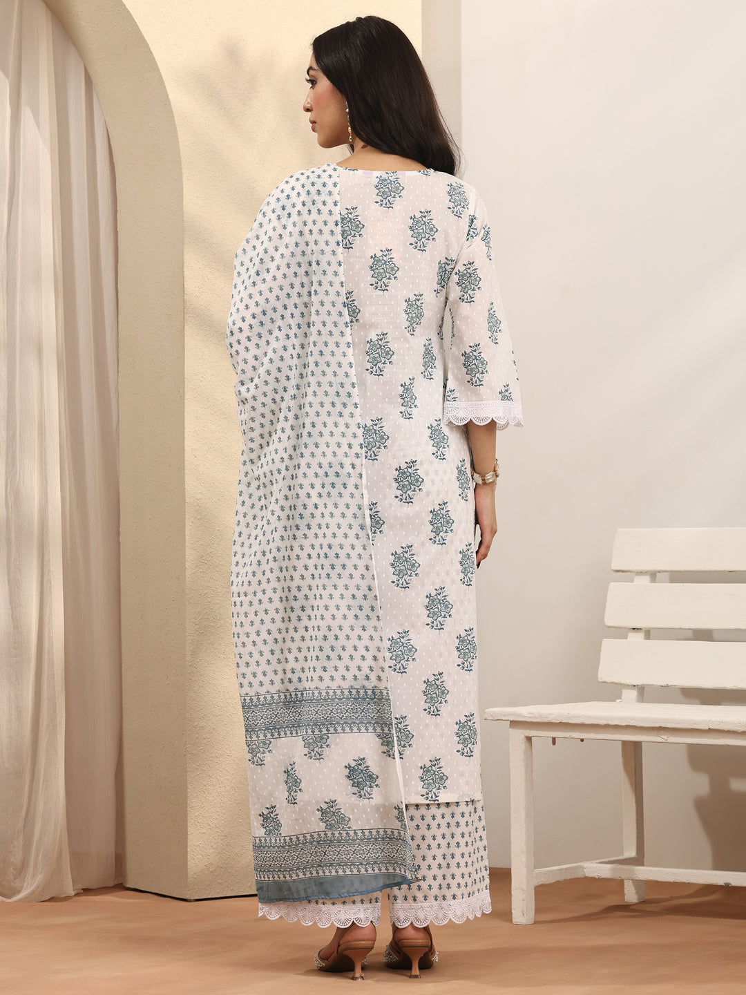  Off White Printed Cotton Straight Suit Set With Dupatta 