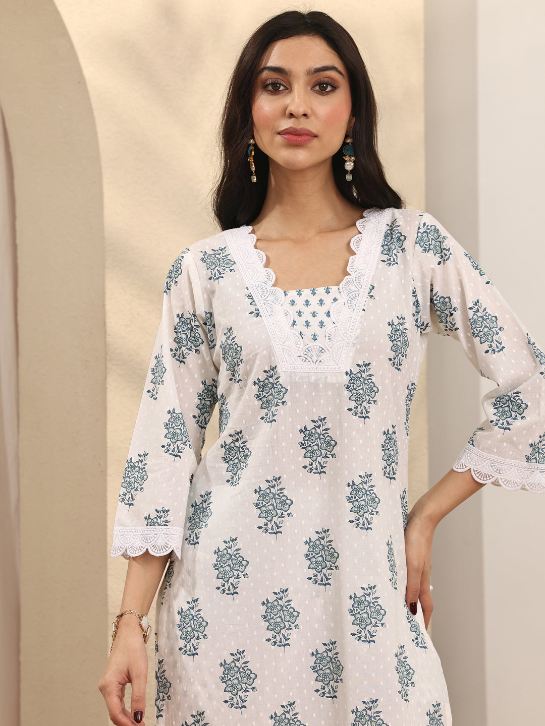  Off White Printed Cotton Straight Suit Set With Dupatta 