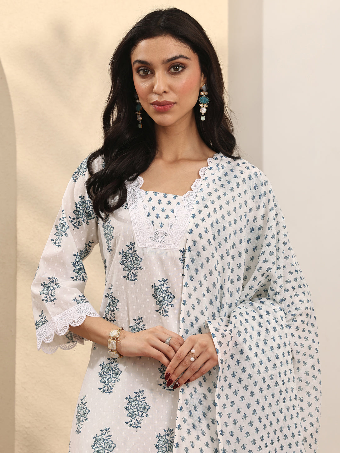  Off White Printed Cotton Straight Suit Set With Dupatta 