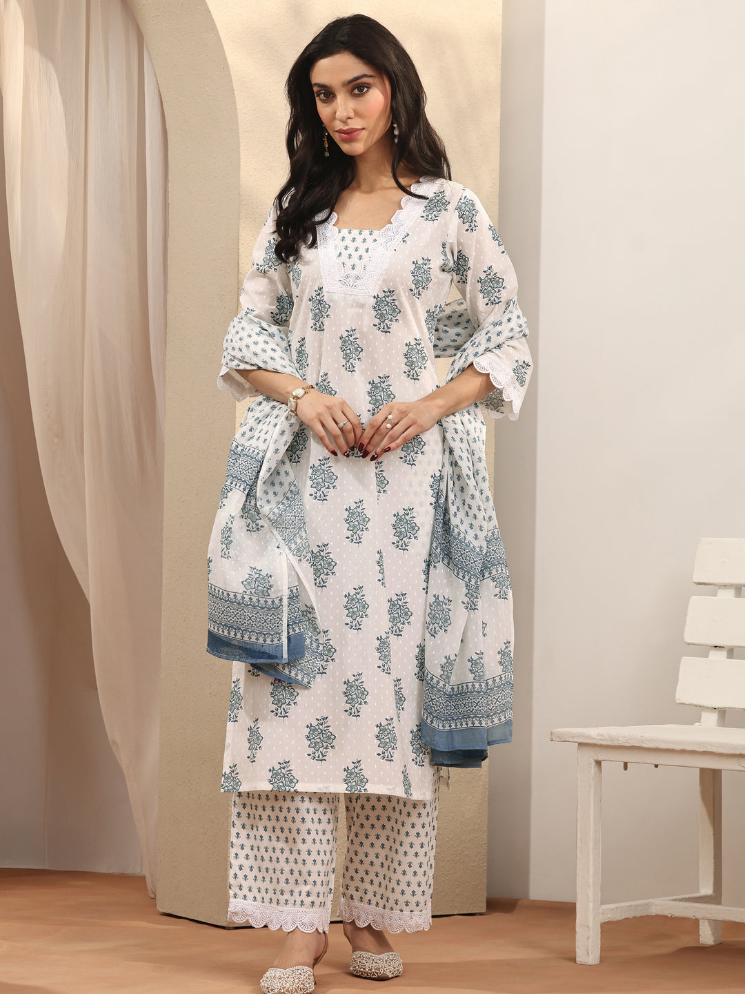  Off White Printed Cotton Straight Suit Set With Dupatta 