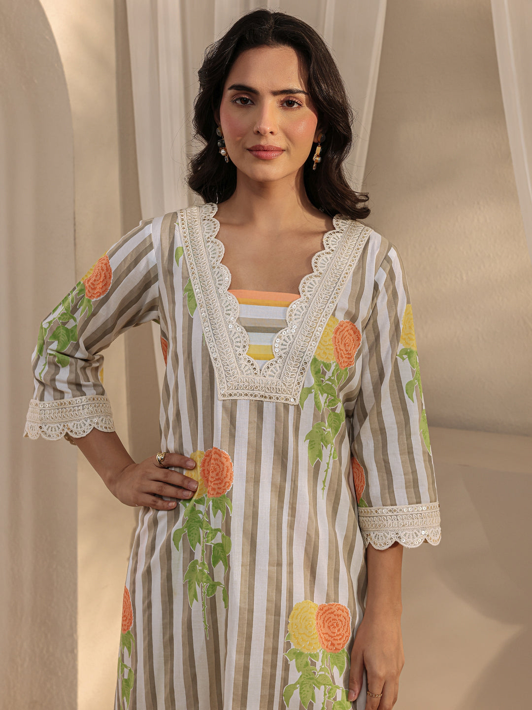  Off White Striped Printed Cotton A-Line Suit Set With Dupatta 