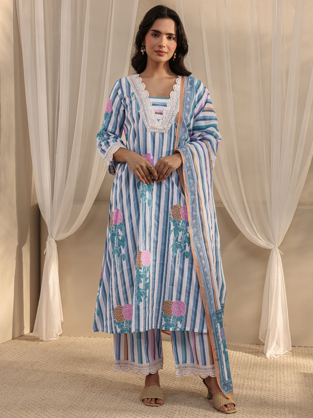  Blue Striped Printed Cotton A-Line Suit Set With Dupatta 