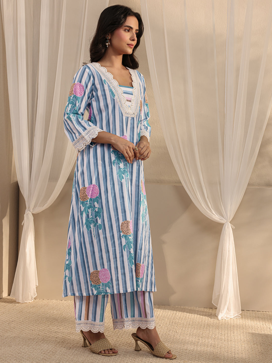  Blue Striped Printed Cotton A-Line Suit Set With Dupatta 
