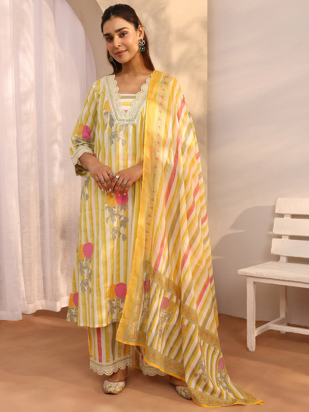  Yellow Printed Cotton Straight Suit Set With Dupatta 