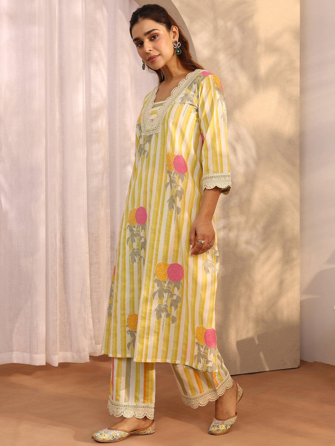  Yellow Printed Cotton Straight Suit Set With Dupatta 