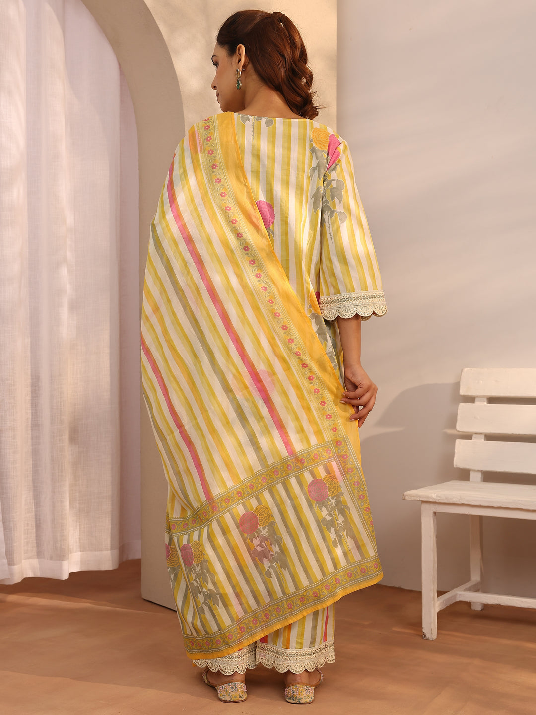  Yellow Printed Cotton Straight Suit Set With Dupatta 