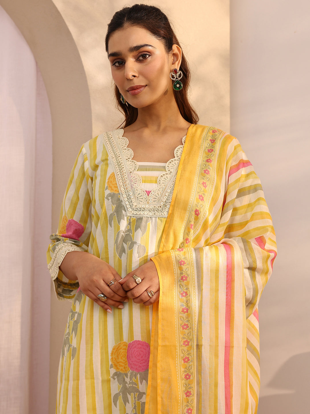  Yellow Printed Cotton Straight Suit Set With Dupatta 
