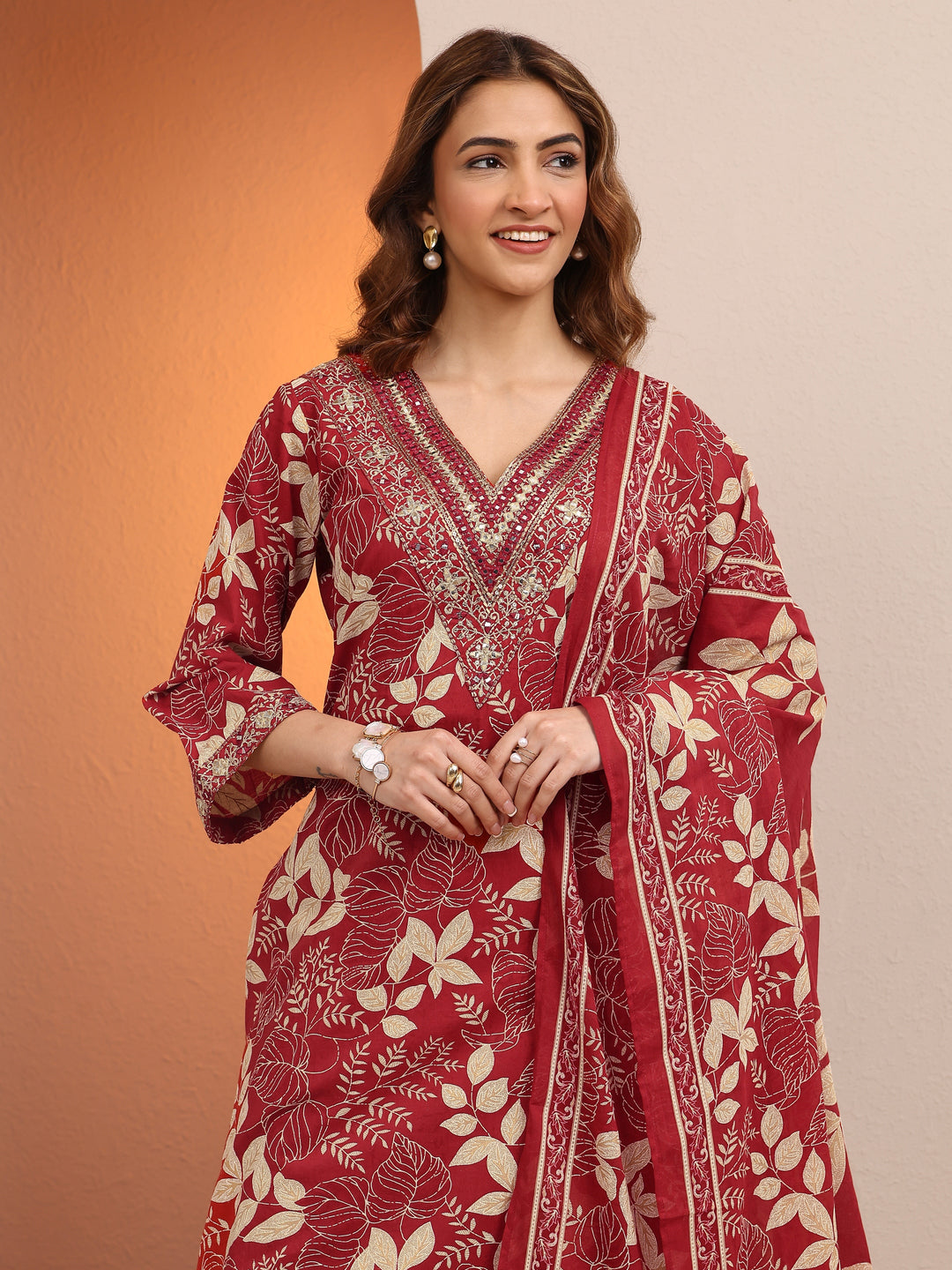  Red Printed Cotton Straight Suit Set With Dupatta 