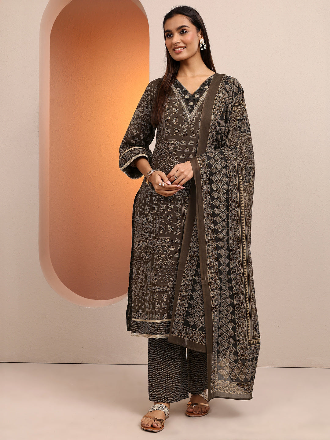  Brown Printed Cotton Straight Suit Set With Dupatta 