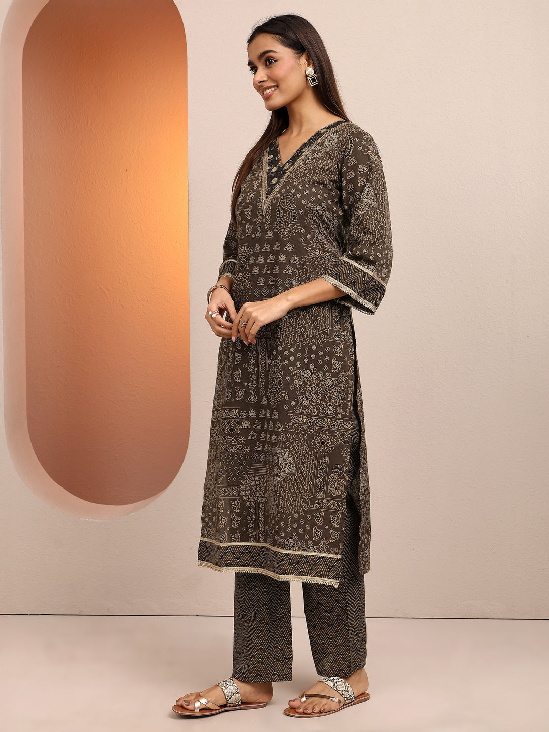  Brown Printed Cotton Straight Suit Set With Dupatta 