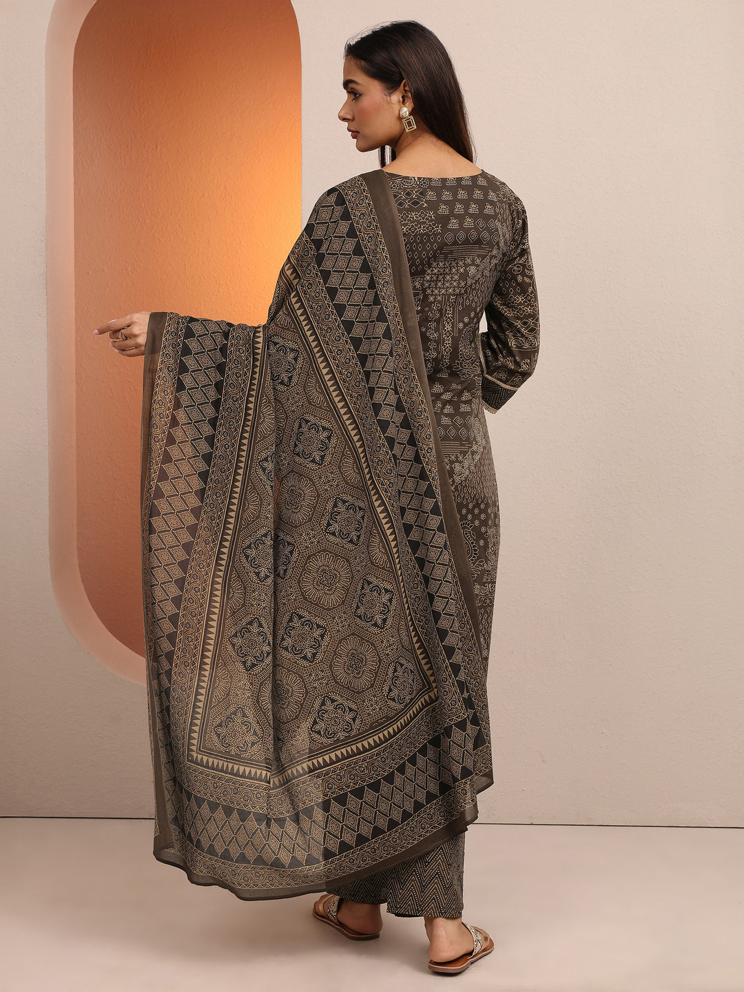  Brown Printed Cotton Straight Suit Set With Dupatta 