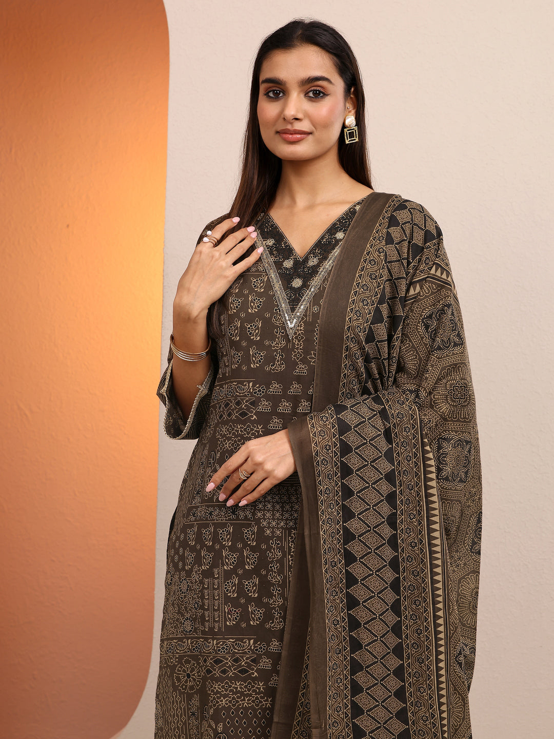  Brown Printed Cotton Straight Suit Set With Dupatta 