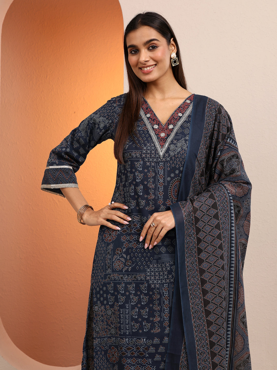  Blue Printed Cotton Straight Suit Set With Dupatta 