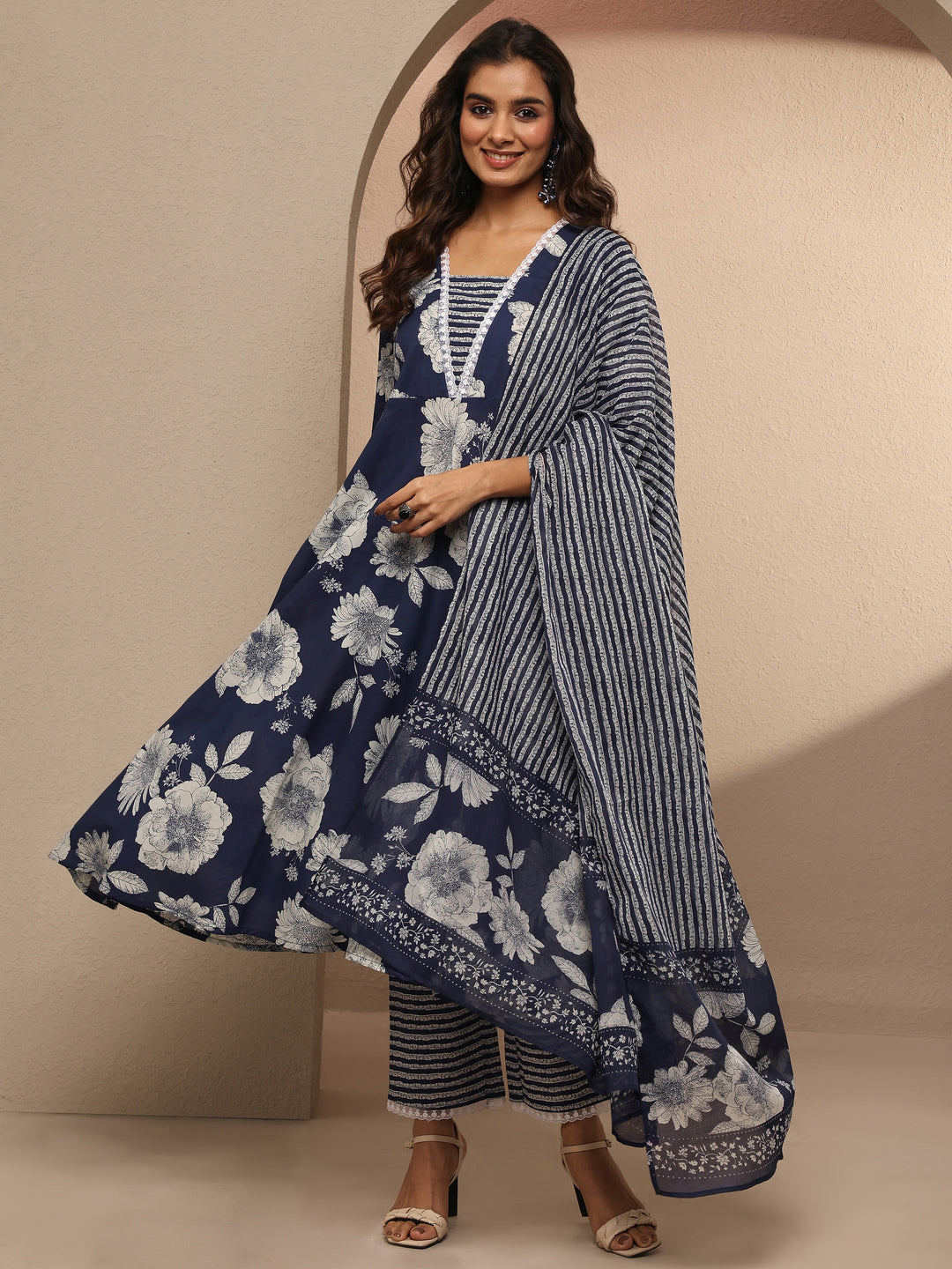  Blue Printed Cotton A-line Suit Set With Dupatta 