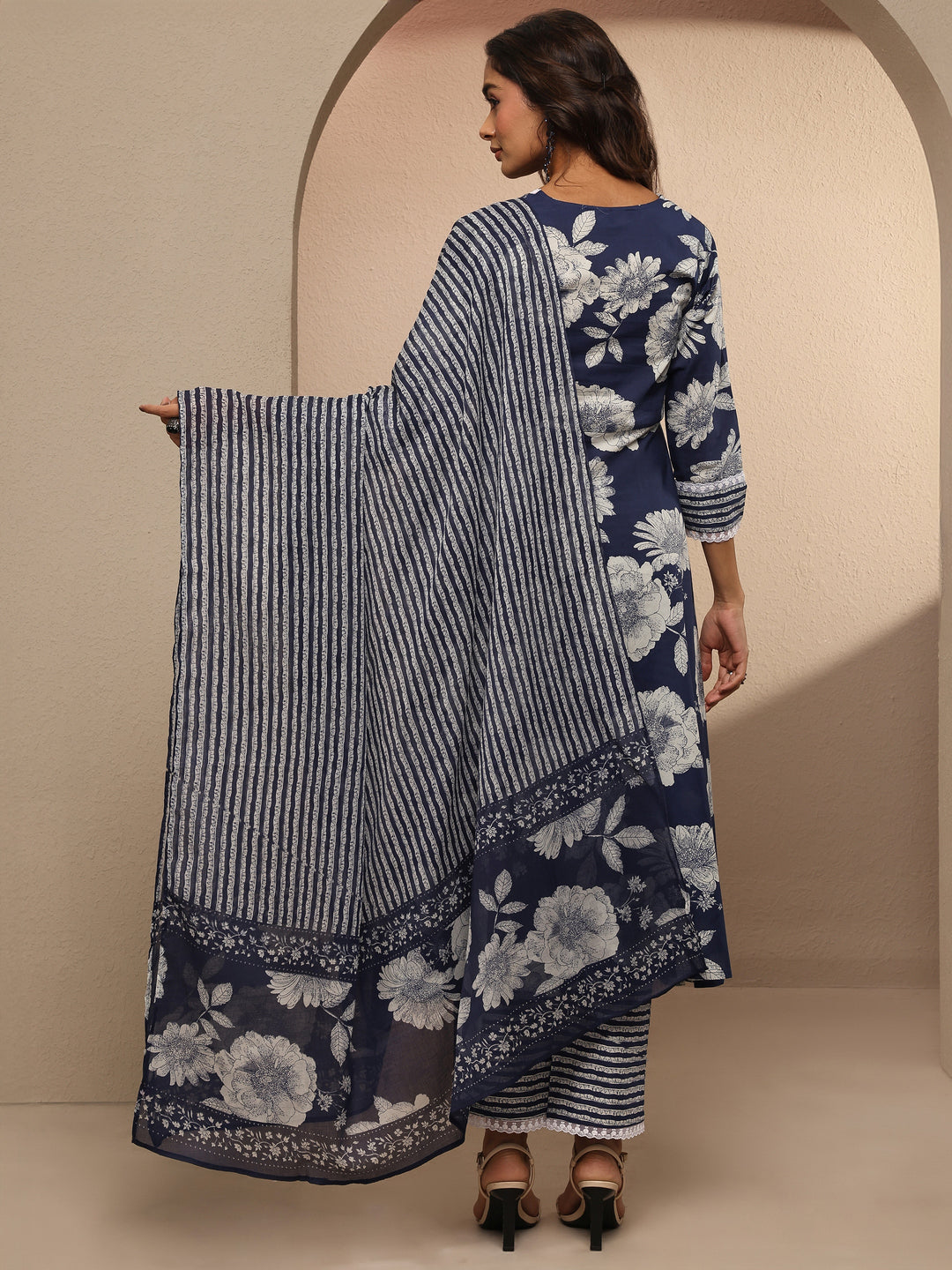  Blue Printed Cotton A-line Suit Set With Dupatta 