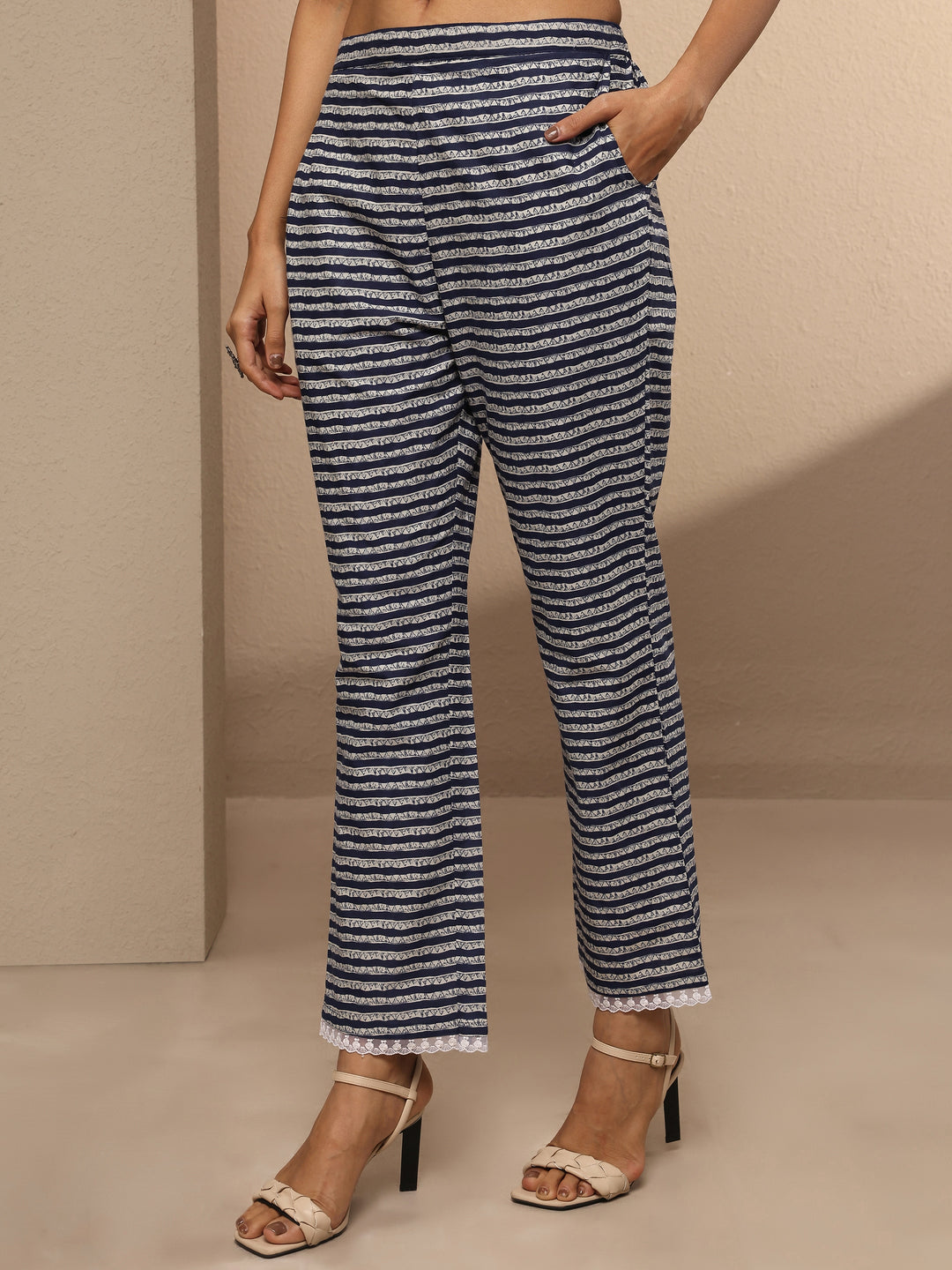  Blue Printed Cotton A-line Suit Set With Dupatta 