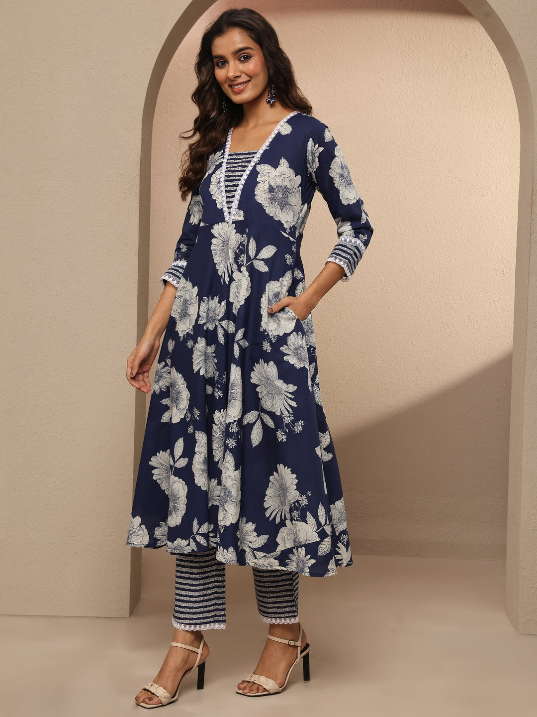  Blue Printed Cotton A-line Suit Set With Dupatta 