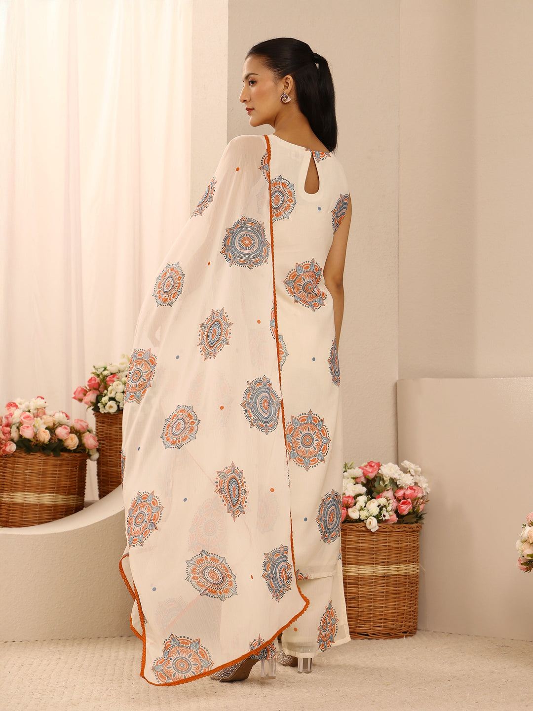  Off White Ethnic Motif Printed Chiffon Straight Suit Set With Dupatta 