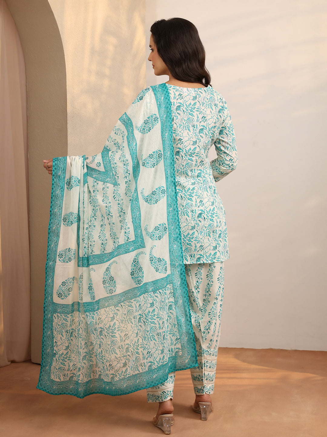  Blue Printed Cotton Straight Suit Set With Dupatta 