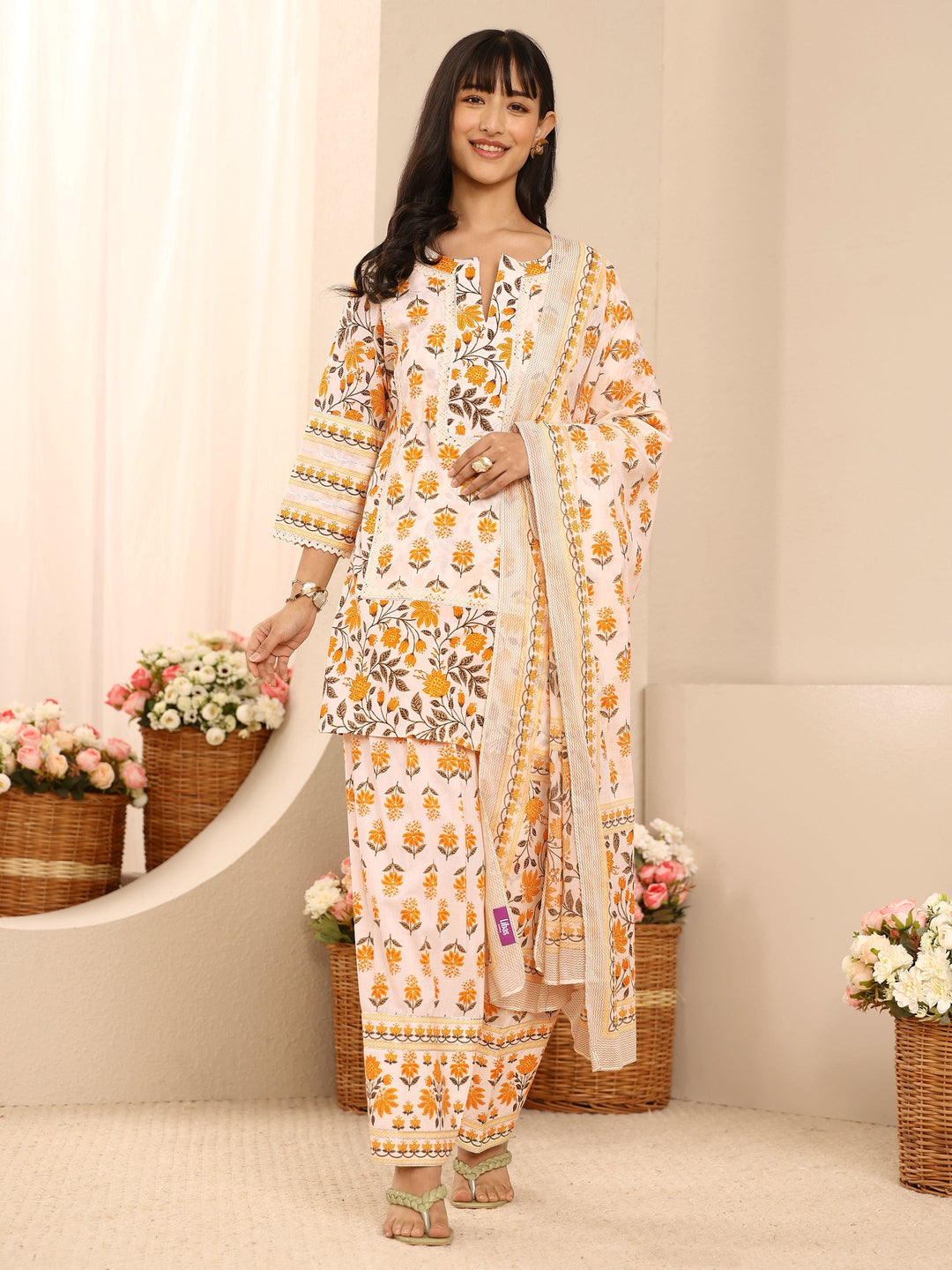  Yellow Floral Printed Cotton Straight Suit Set With Dupatta 