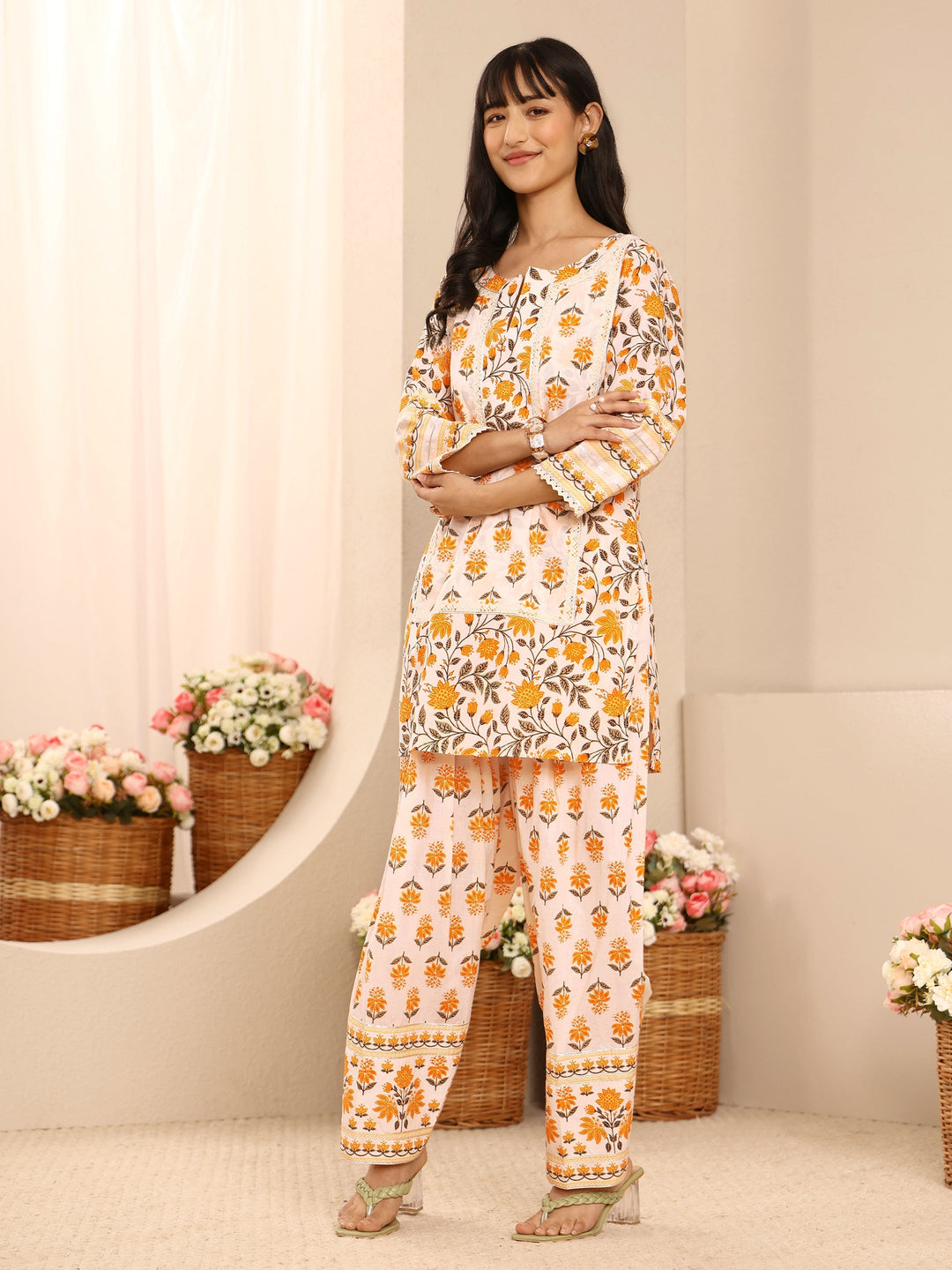  Yellow Floral Printed Cotton Straight Suit Set With Dupatta 