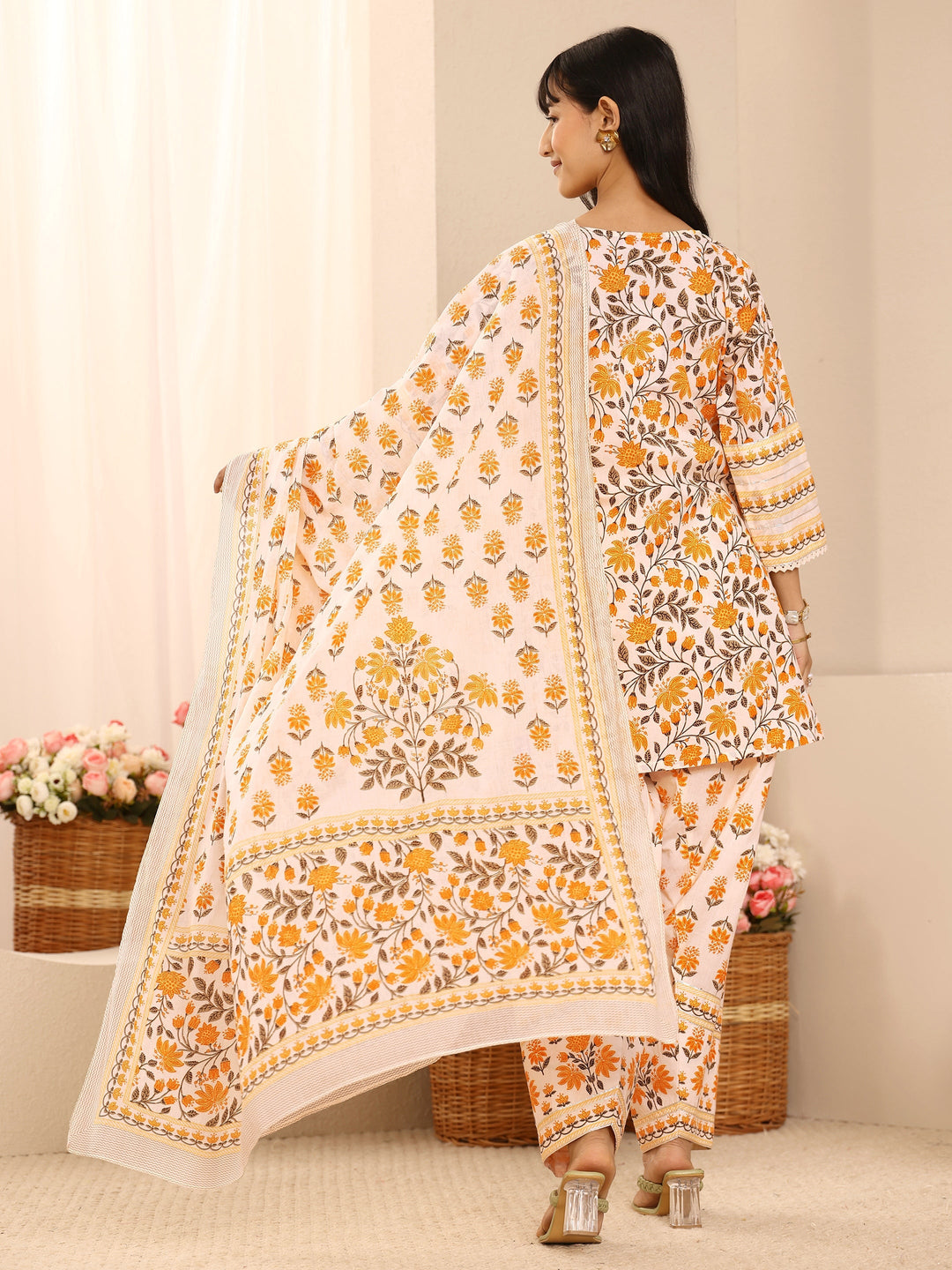  Yellow Floral Printed Cotton Straight Suit Set With Dupatta 
