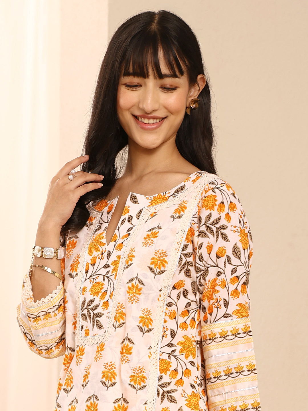  Yellow Floral Printed Cotton Straight Suit Set With Dupatta 