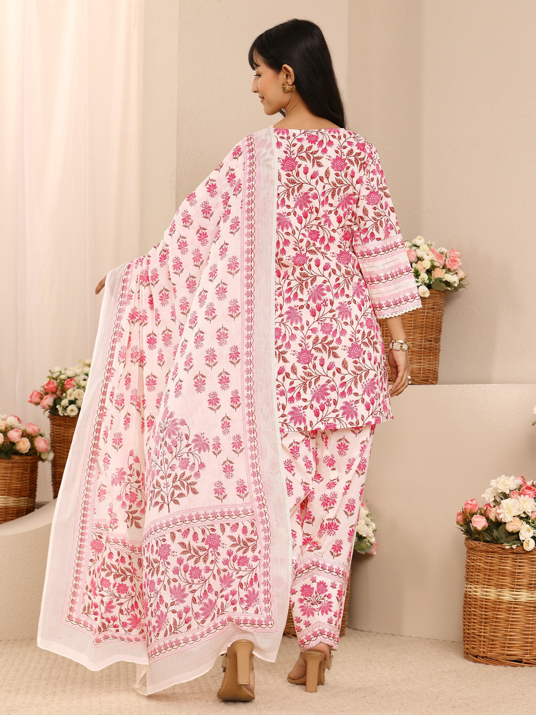  Pink Floral Printed Cotton Straight Suit Set With Dupatta 