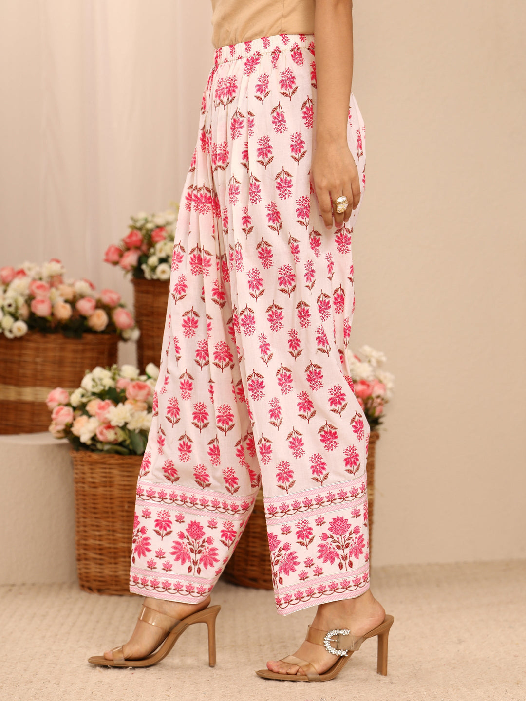  Pink Floral Printed Cotton Straight Suit Set With Dupatta 