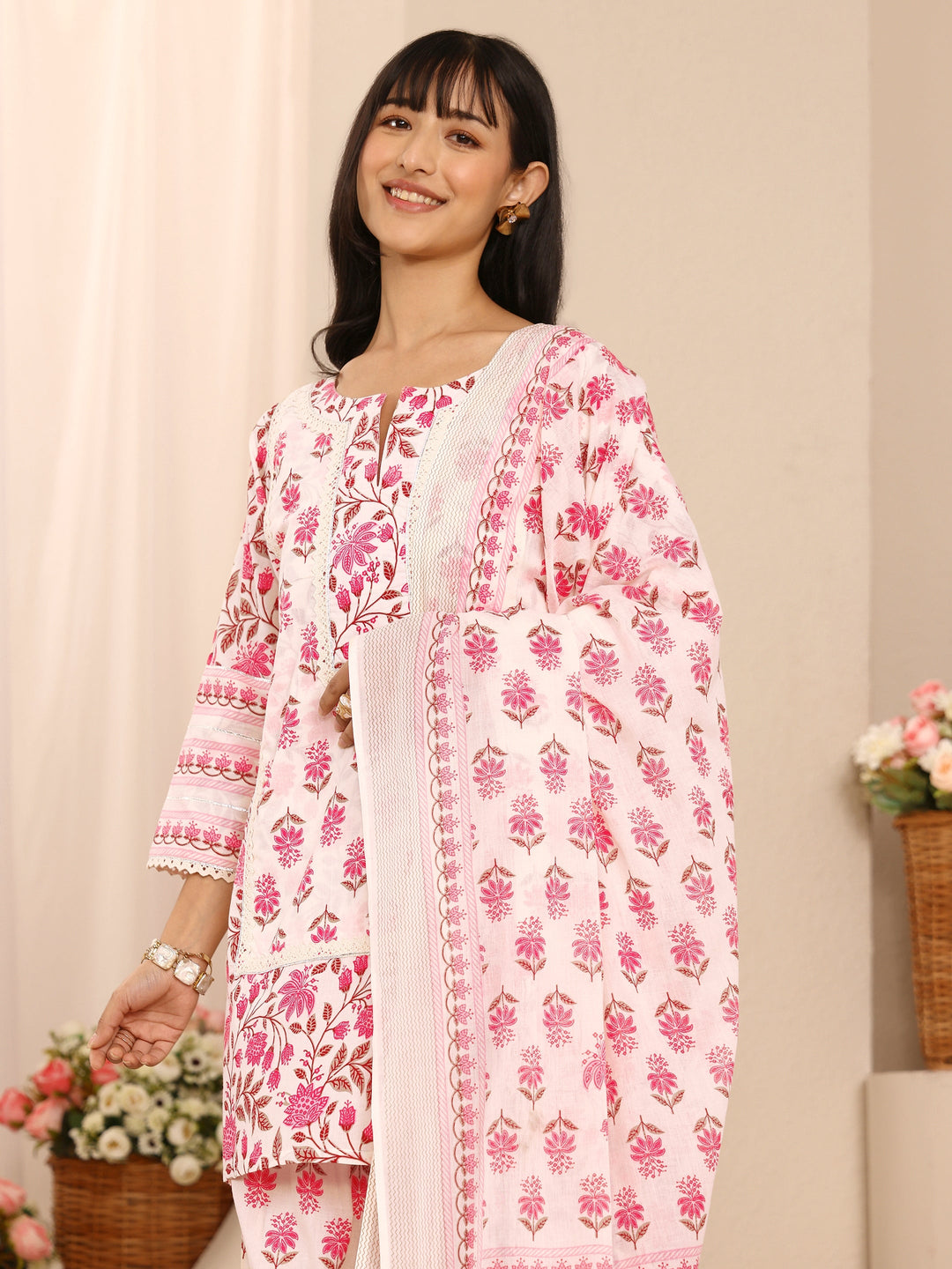  Pink Floral Printed Cotton Straight Suit Set With Dupatta 
