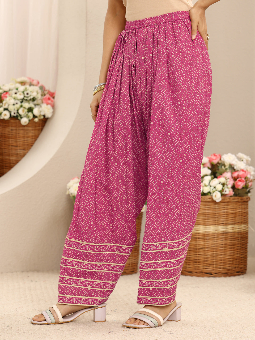  Pink Floral Printed Cotton A-Line Suit Set With Dupatta 