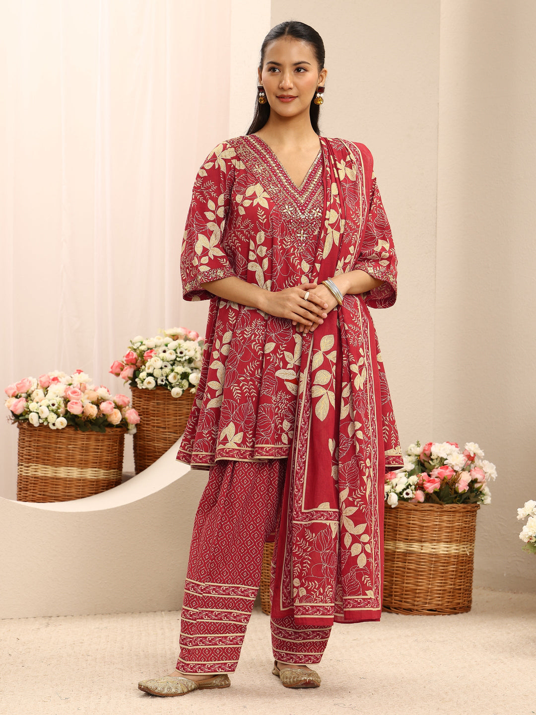  Red Floral Printed Cotton A-Line Suit Set With Dupatta 
