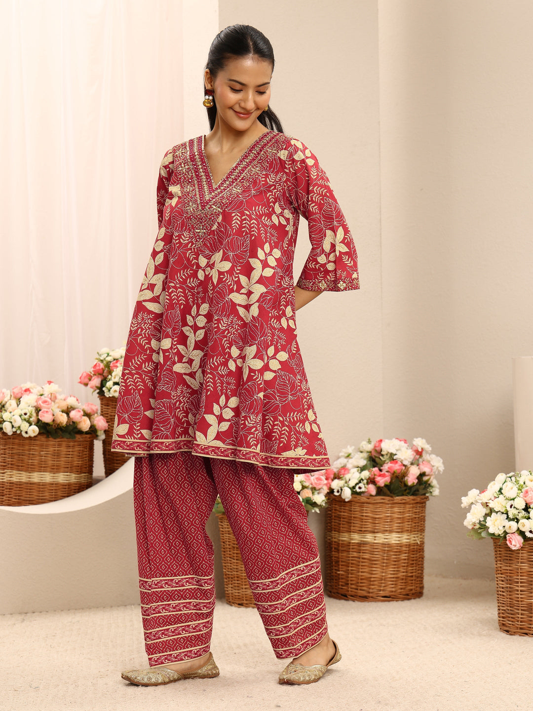  Red Floral Printed Cotton A-Line Suit Set With Dupatta 