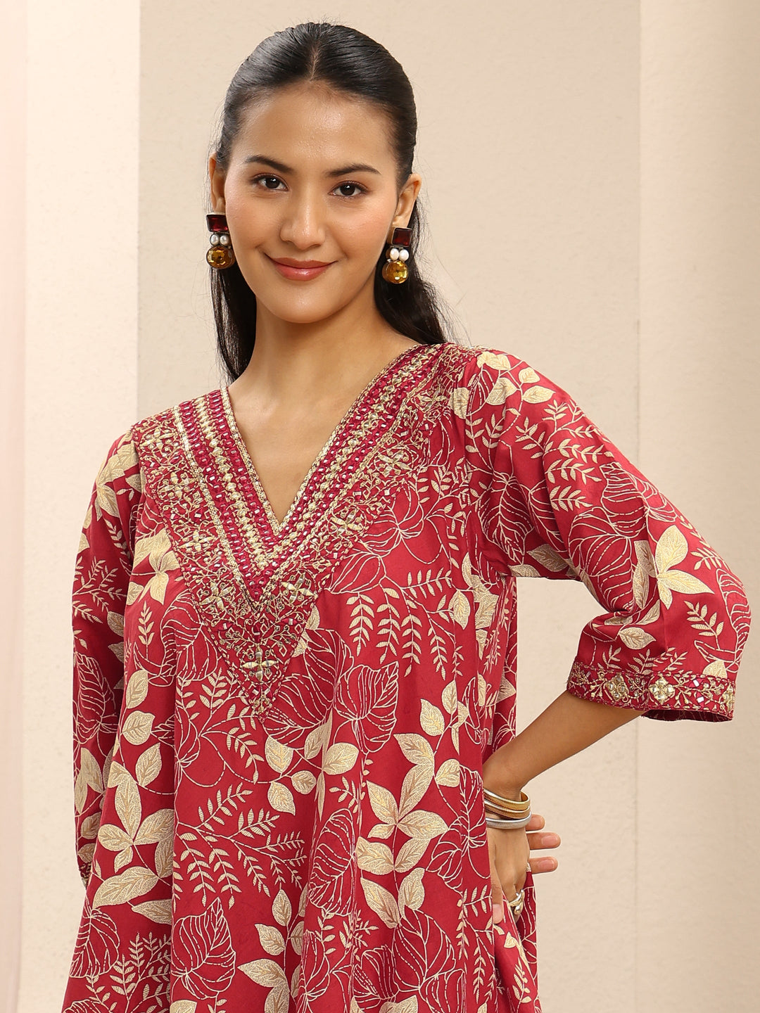  Red Floral Printed Cotton A-Line Suit Set With Dupatta 