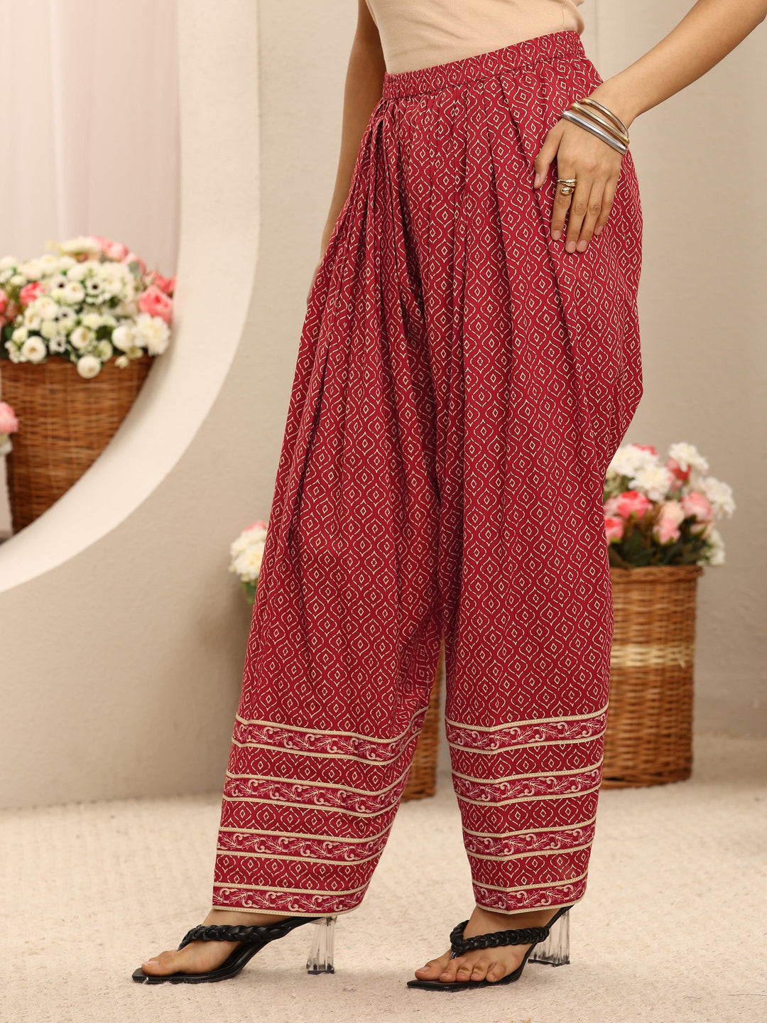  Red Floral Printed Cotton A-Line Suit Set With Dupatta 