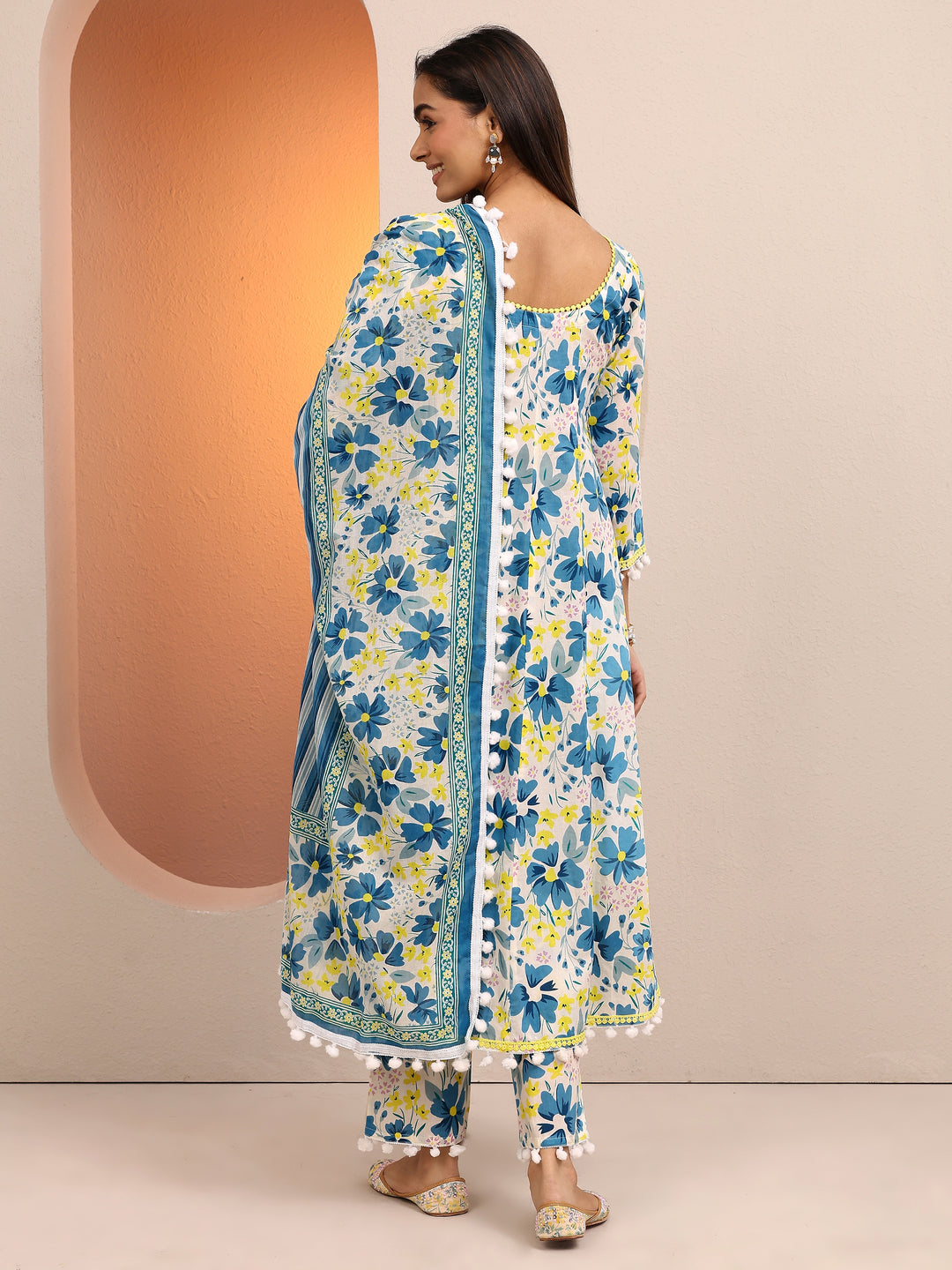  Blue Printed Cotton A-line Suit Set With Dupatta 