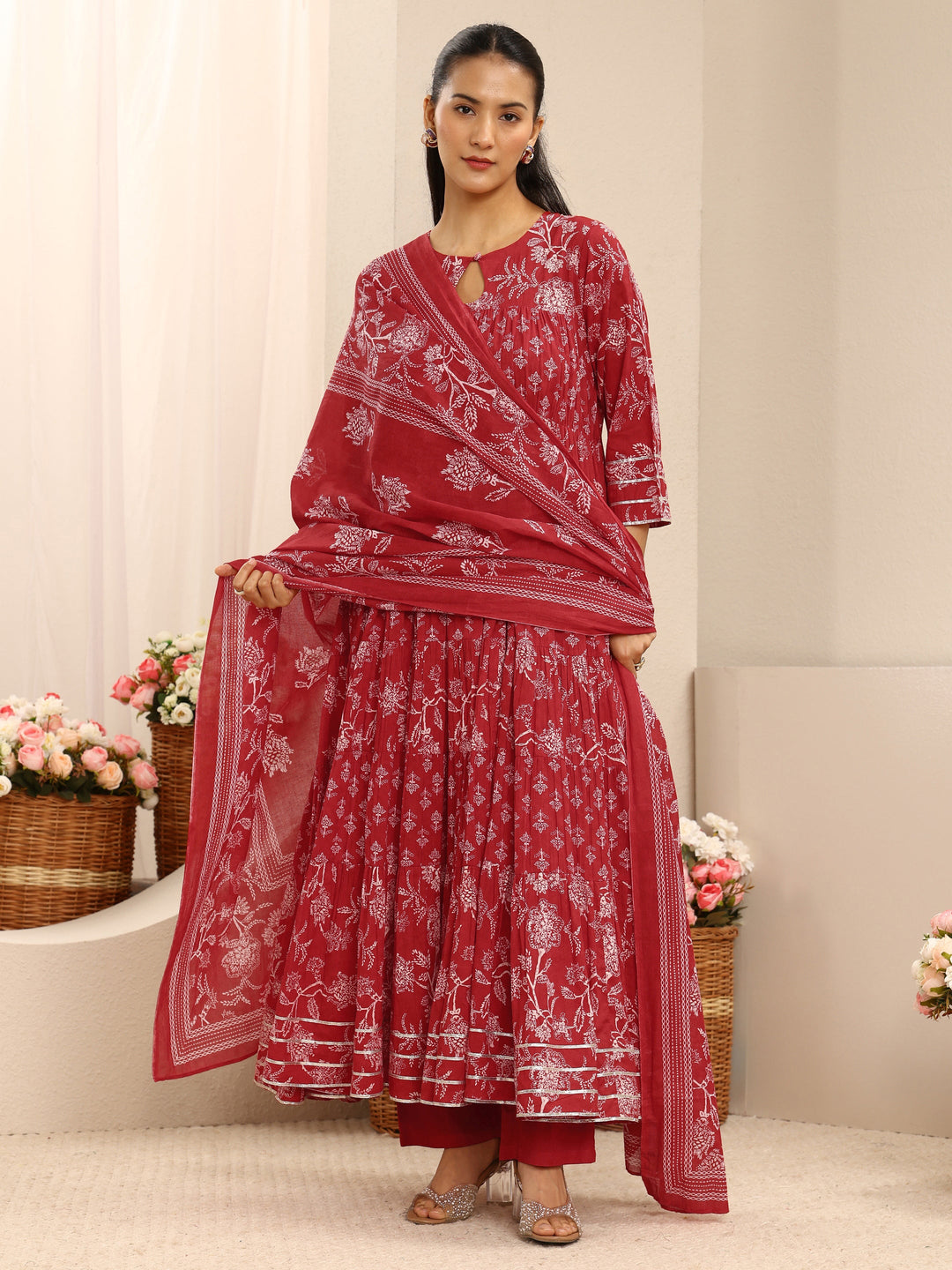  Red Floral Printed Cotton Anarkali Suit Set With Dupatta 